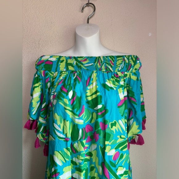 NWT Escapada Living Multi Tropical Tasseled Off The Shoulder Kaftan Dress XS - Picture 3 of 8